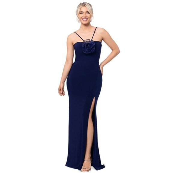 XSCAPE Women's Rosette Halter Gown Sleeveless Front slit Formal Dress Navy 14 - Picture 3 of 11
